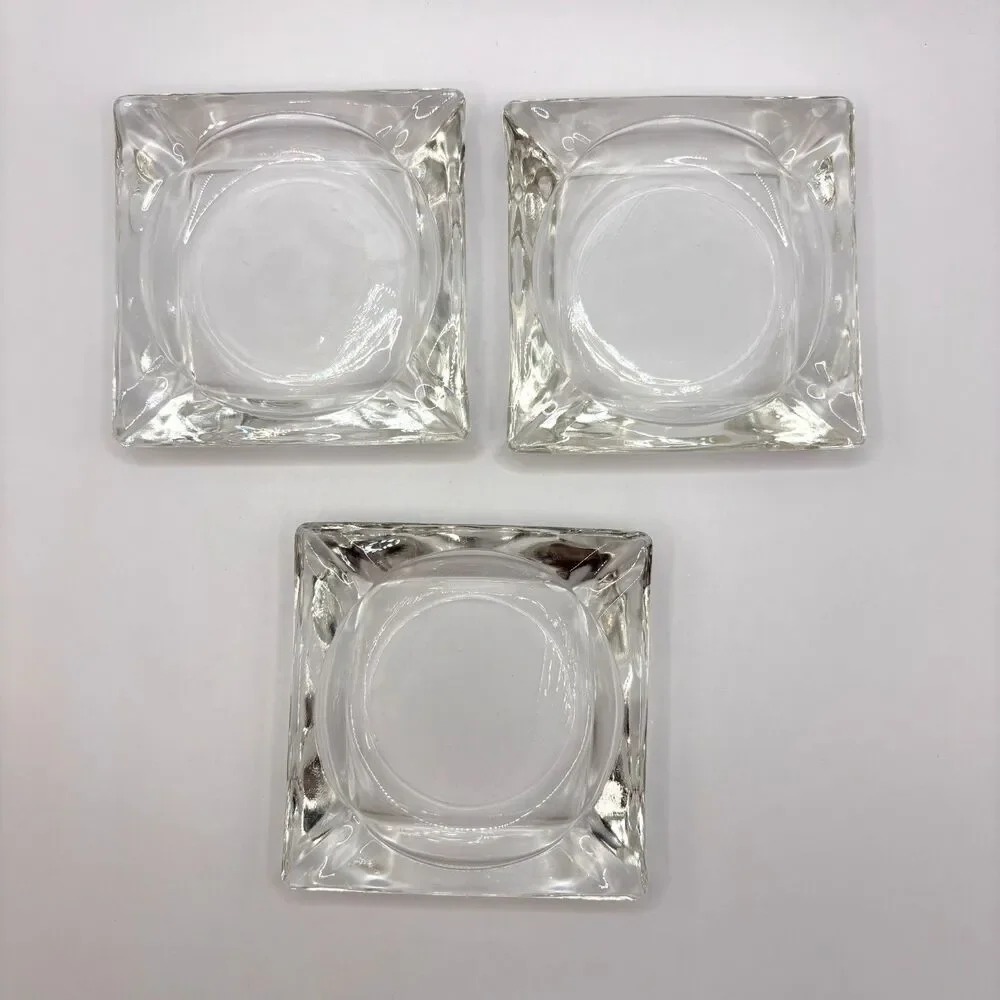 3 Vtg MCM Heavy Clear Glass Ashtray Square 3.5 x 3.5 Mid Century Modern Catchall